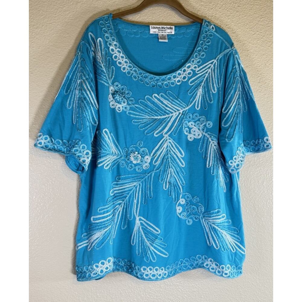 Lauren Michelle Plus 2X Top Blouse Aqua Blue 3/4 Short Sleeve Embellished